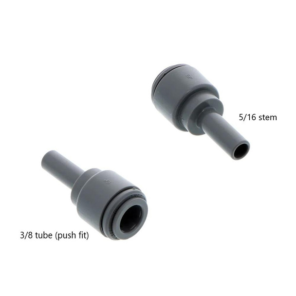 TRADEWRX Enlarger Stem 3/8 tube x 5/16 stem, gray plastic bicycle component with 3/8 tube push fit and 5/16 stem connection.