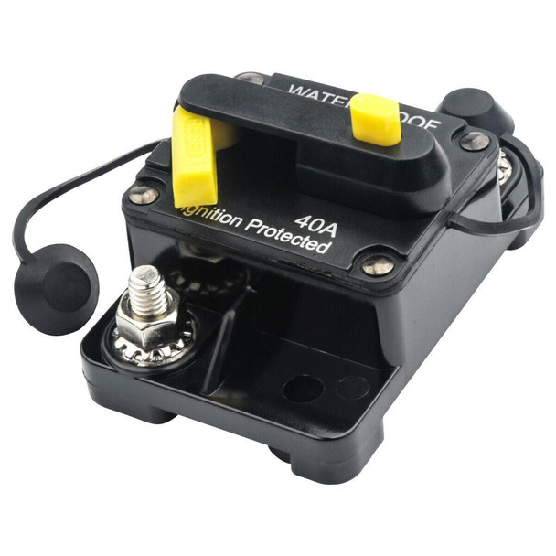 ProTool Breaker Switch 40amp 12v, a black circuit breaker switch with yellow toggle and protective cover, mounted on a black base with metal screw terminal for vehicle electrical systems.