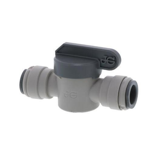 ProTool Ball Valve 1/2in Tube Pushfit, gray plastic ball valve with push-fit connectors for quick installation.