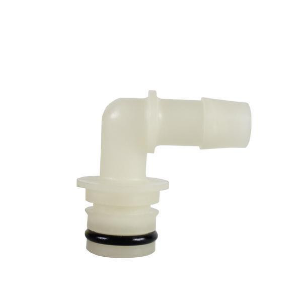 ProTool Hose Barb Angled 1/2in Hose to Slide Port Quick Connect, white plastic fitting with angled design and rubber O-ring for secure connection.