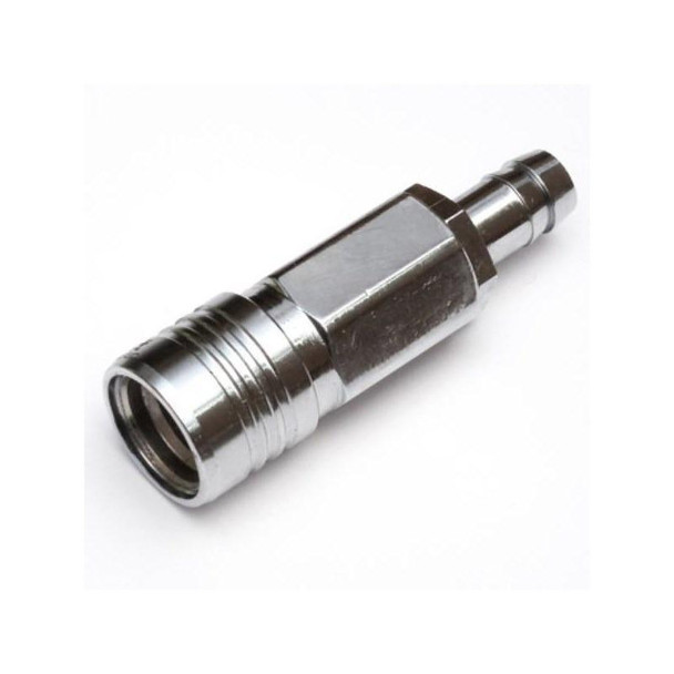 J.Racenstein Gardiner QC Coupling with Shutoff to 1/2in Barb, shiny metallic coupling connector for hoses.