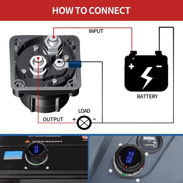 J.Racenstein Disconnect Switch with Meter, electrical disconnect switch with digital meter in black, with illuminated display showing voltage, used for electrical connections and safety.