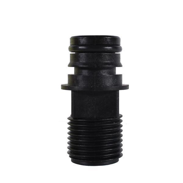 ProTool Thread Male Straight 1/2in to 3/4in, image of a black threaded pipe fitting for plumbing or industrial use.