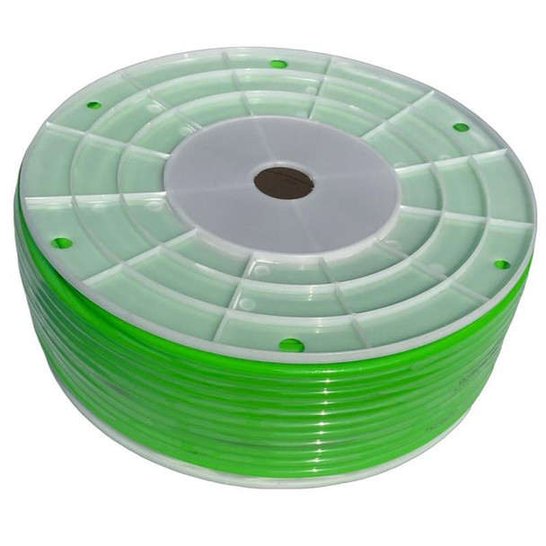 ProTool Water Fed Hose, coiled green and white hose reel with connector for window cleaning or outdoor water spraying.