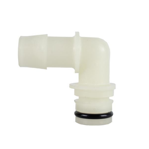 ProTool Hose Barb Angled 5/8in Hose to Slide Port Quick Connect, white plastic hose fitting with angled design and O-ring seal for secure connection.