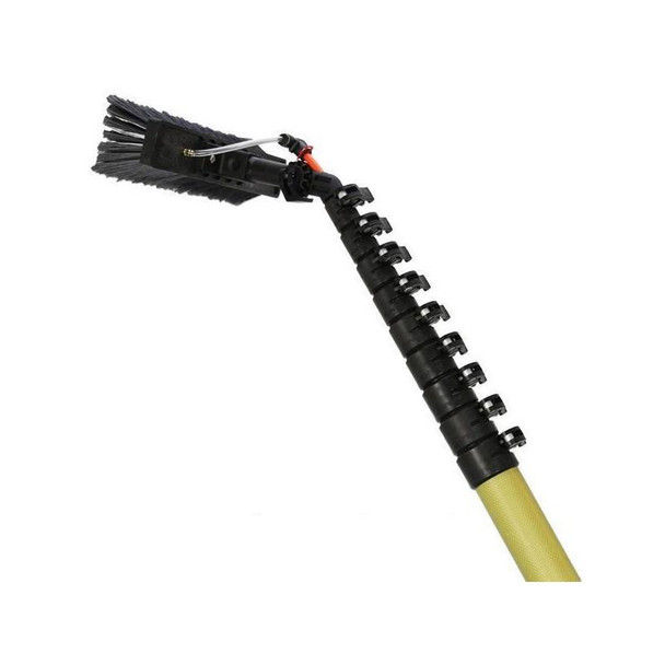 Gardiner Pole Systems Gardiner Ultimate 46ft Tele Pole HM Carbon Kevlar, extendable pole with a brush attachment for outdoor cleaning or maintenance tasks.