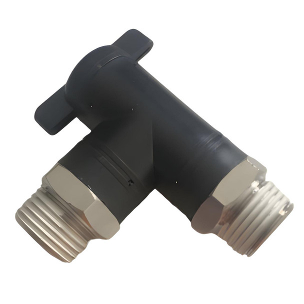 ProTool Ball Valve 1/2in NPT 90 Degree 1/2 NPT, a black T-shaped PVC ball valve with silver threaded fittings on both ends