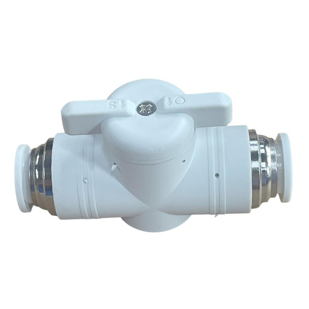 ProTool Ball Valve RO Flush 1/2in Pushfit Acetal White, white plastic water valve with push-fit connections and a handle for control.