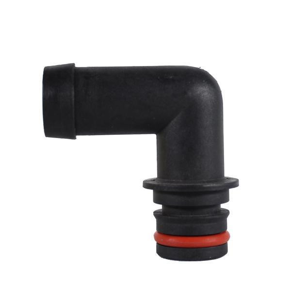 ProTool Hose Barb Angled 3/4in Hose to Slide Port Quick Connect, image of a black angled hose fitting with a slide port connection and red sealing ring.