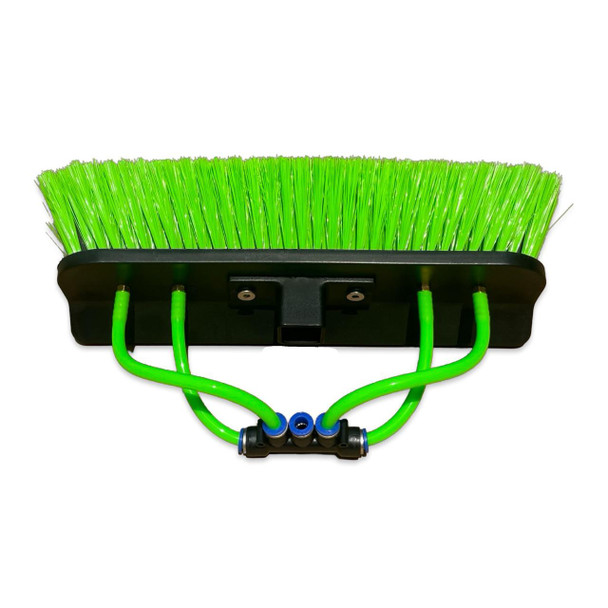 ProTool Brush 12in Sill Brush Green Tri Level, a green and black sill brush with a 12-inch wide green bristle head and a black handle with green hoses for cleaning or painting surfaces.
