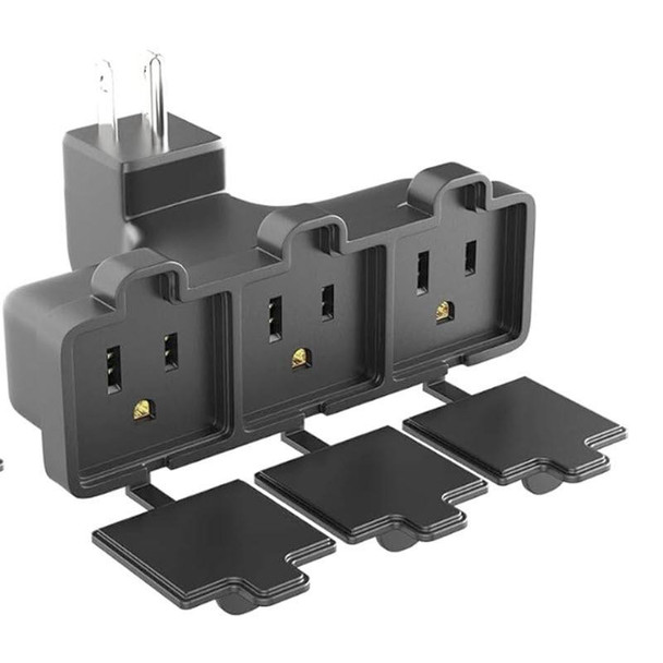 J.Racenstein Power Adaptor 3 Way 110v Exterior, black power strip with three outlets and protective covers.
