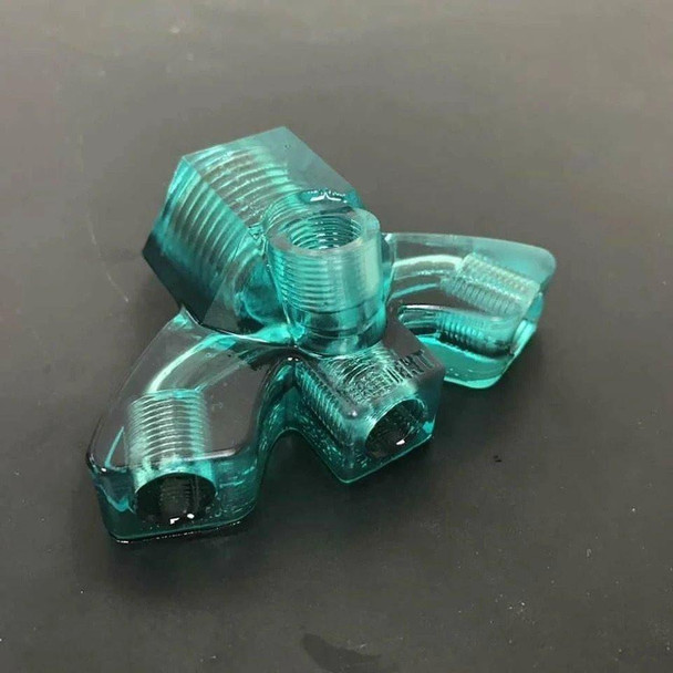 ProTool Spray Adaptor Triple Head Trident, transparent blue plastic spray nozzle with three spray heads and threaded connections.