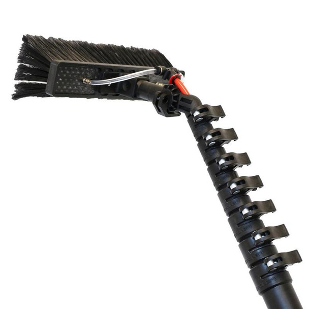 Gardiner Pole Systems Gardiner X3 Xtreme 80ft High Modulus Carbon Pole, long black carbon fiber pole with telescopic segments and a brush attachment for high-reach cleaning or maintenance.