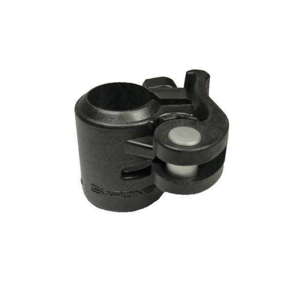 J.Racenstein Gardiner Clamp #1 Complete for Poles, close-up view of a black adjustable clamp with a circular opening and a locking mechanism for securing poles.