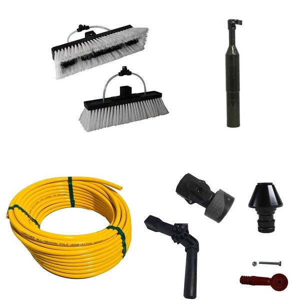 J.Racenstein Gardiner #10 WFP Conversion Kit, includes various brushes, a long yellow hose, and multiple connectors and adapters for garden watering or cleaning.