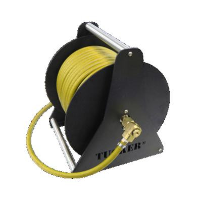J.Racenstein Hose Reel Hand Carry with 150ft 3/8in Hose, portable black and yellow hose reel on stand with attached hose and brass connector.