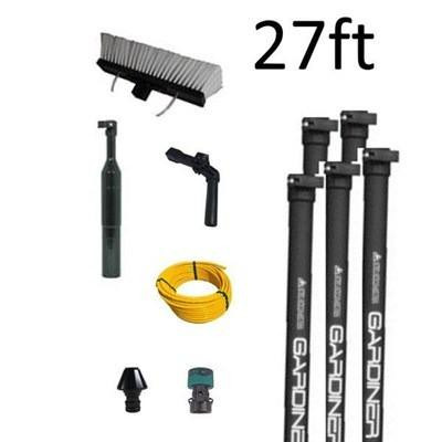 Gardiner Pole Systems Sectional WFP Gardiner 27ft Carbon, image showing components including a 27-foot carbon pole, three black extension poles, a hand grip, a yellow cord, and other accessories.