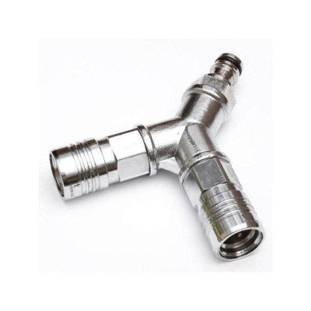 J.Racenstein Gardiner Quick Connector Wye Coupling, metal double branch pipe fitting for efficient hose or pipe connection.