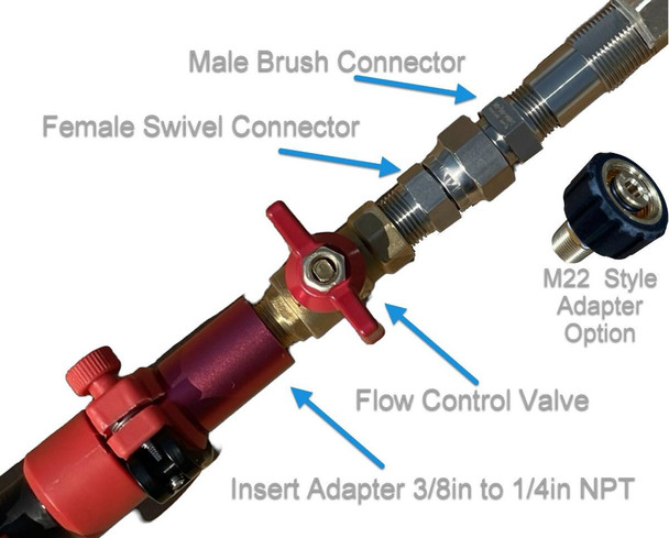 ProTool 27ft Carbon Fiber Rotary Brush Pole, featuring a flow control valve, male brush connector, female swivel connector, M22 style adapter option, and an insert adapter from 3/8 inch to 1/4 inch NPT.