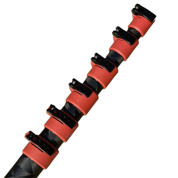 ProTool 27ft Carbon Fiber Rotary Brush Pole, telescopic extendable pole with red and black components and clamp collars for cleaning and maintenance work.