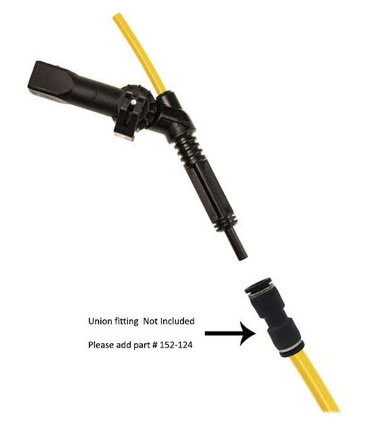 J.Racenstein Gardiner Angle Adaptor QuicK-LoQ Resi-Neck 1Std, black and yellow irrigation product with an angled black connector and yellow hose.
