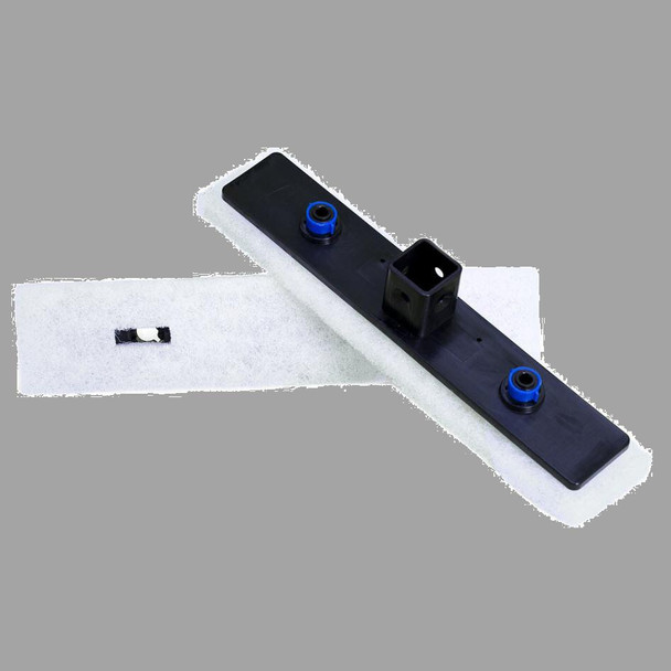 J.Racenstein Gardiner Pad Scrubber Water Fed, water fed pad scrubber attachment for window cleaning with black mounting base and blue connectors.