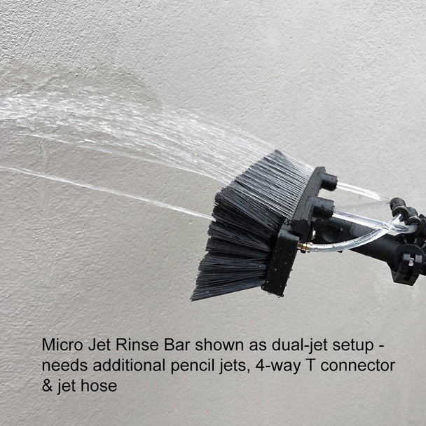 J.Racenstein Gardiner Micro Jet Rinse Bar Low Pressure 14in, dual-jet setup with additional pencil jets, 4-way T connector, and jet hose, spray pattern in motion.