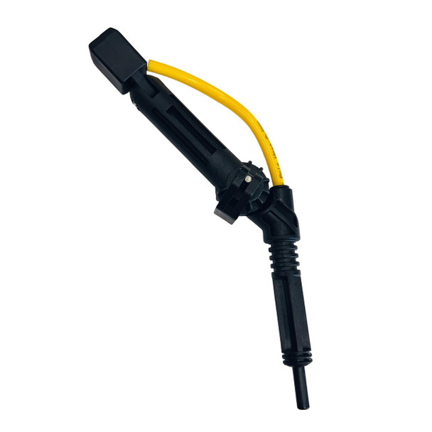 J.Racenstein Gardiner Angle Adapter Quick-LoQ Type1 Long Swivel, black and yellow welding or robotic tool with flexible arm and swivel joint.