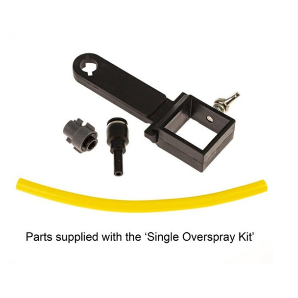 J.Racenstein Overspray System Single Jet Gardiner, image showing the overspray control device with various components including a black plastic base, a yellow tubing, and small accessories.
