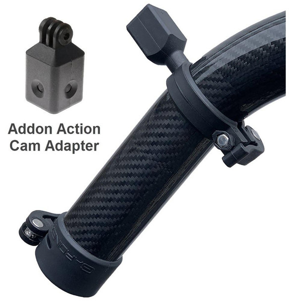 J.Racenstein Gardiner Quick-LoQ Camera Clamp Mount for #10 Sections, close-up of a black carbon fiber camera mount with a clamp and an addon action cam adapter as part of photography and videography equipment.