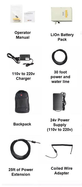 ProTool Double Brush 25in Wide 24v Electric Cleaning Kit, including operator manual, LiOn battery pack, 110v to 220v charger, 30 foot power and water line, backpack, 24v power supply, 25ft power extension, and coiled wire adapter.