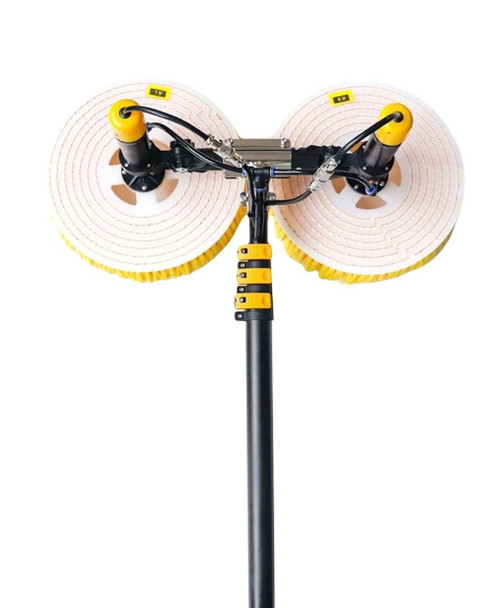ProTool Double Brush 25in Wide 24v Electric Cleaning Kit, dual circular scrubbing brushes with yellow accents, mounted on a black pole for industrial cleaning.