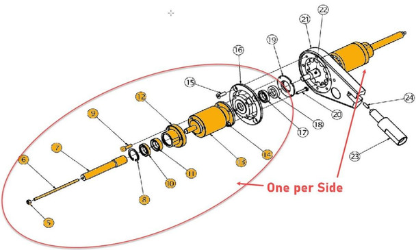 ProTool Gear Reduction Drive Shaft for 32in and 39in Rotary Brush, exploded view diagram of the drive shaft components.