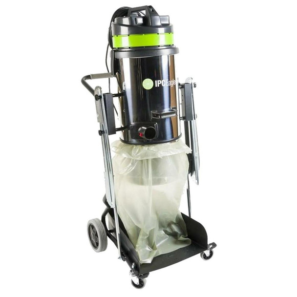 J.Racenstein Dust Max Large Capacity Industrial Vacuum, powerful industrial vacuum cleaner with large dust collection bag, stainless steel body, adjustable height, and mobility wheels for cleaning large industrial spaces.