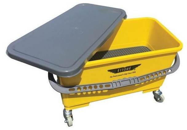 Ettore Bucket Super Complete Ettore, yellow cleaning bucket with gray lid and wheels for mobility.