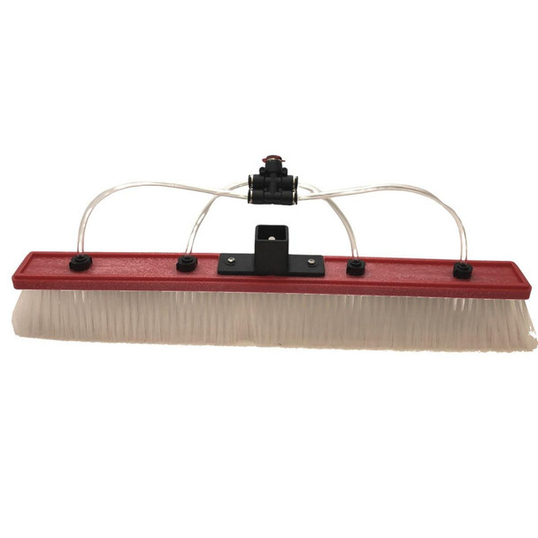 J.Racenstein HiFlo Ultimate Medium Soft 18in Brush for Commercial or Solar Cleaning, cleaning brush with white bristles, red base, and attached tubing for industrial cleaning purposes.