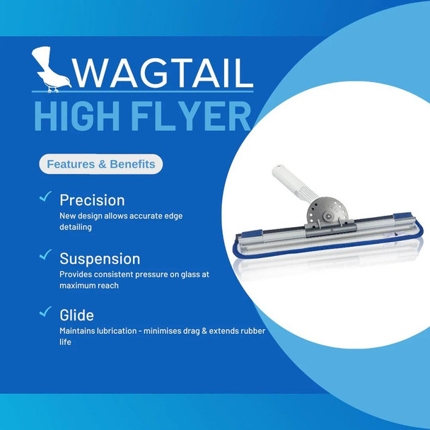 Wagtail High Flyer Pivoting Squeegee, industrial glass cleaning tool with a pivoting head and ergonomic handle for precise edge detailing, consistent pressure, and extended rubber life.