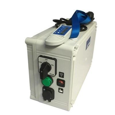 J.Racenstein PowerSupply 230/24v Qleen Rotating Brush with 110v Adaptor, an electrical power supply device with control buttons, switches, and a blue strap on top for securing accessories.