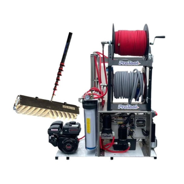 ProTool Solar Skid + Rotary Brush Dual User Kit, industrial cleaning equipment with hoses, a motor, and a rotary brush for solar panel and surface cleaning.