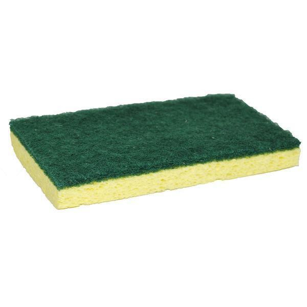 ProTool Sponge with Green Backing Pad, cleaning sponge with a yellow body and green abrasive surface for scrubbing and polishing tasks.