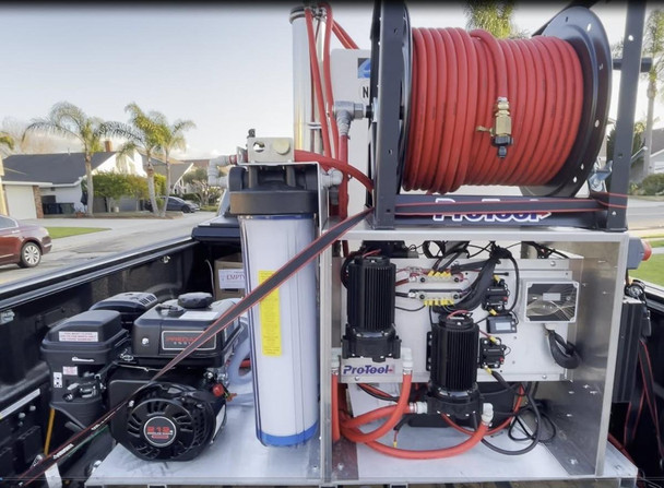 ProTool Solar RODI Skid + Rotary Brush WP Kit, detailed view of a water purification and cleaning system equipped with hoses, pumps, filters, and electrical components.