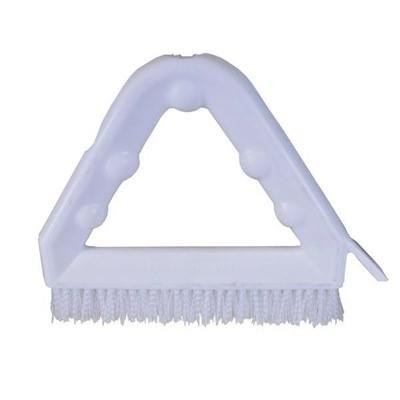 StonePro Grout Brush, white handheld grout cleaning tool with scrubbing brush and ergonomic handle.