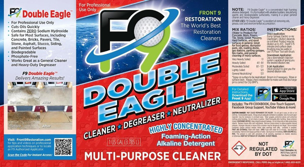 J.Racenstein F9 Double Eagle Degreaser 55 Gal Kit, industrial cleaning product container with colorful label highlighting its features for professional use.