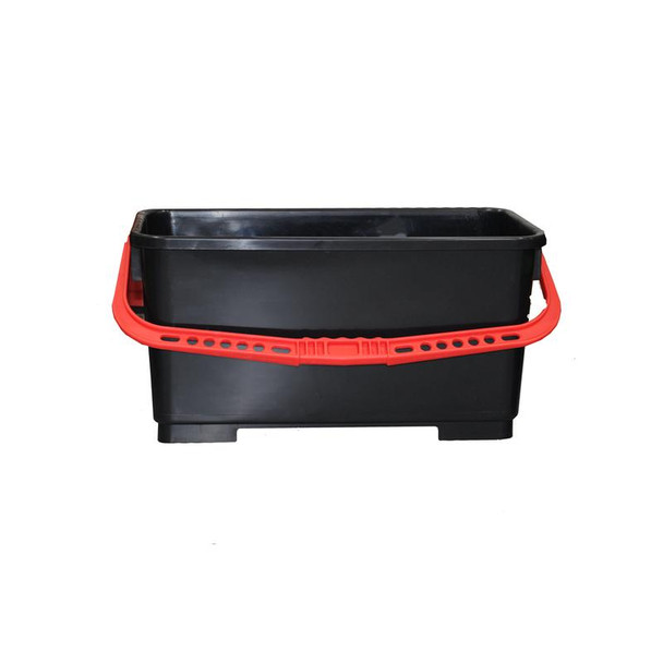 Pulex Bucket Rectangular, black plastic cleaning bucket with a red handle suitable for janitorial and cleaning purposes.