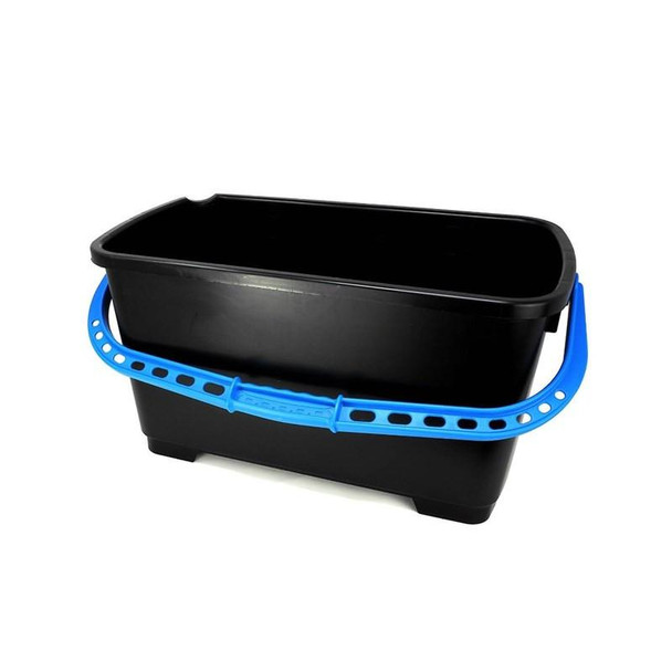 Pulex Bucket Rectangular, black plastic cleaning bucket with blue handle for mopping and cleaning tasks.