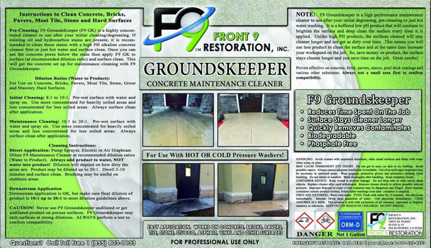 J.Racenstein F9 GroundsKeeper Concrete Cleaner Gal, front label showing instructions for cleaning concrete and other surfaces, benefits, and application details.