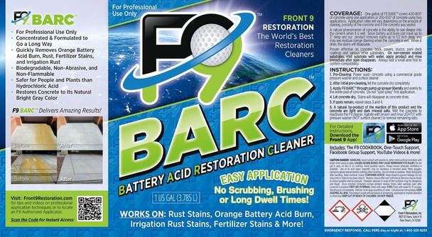 J.Racenstein Front9 Restoration Rust Remover F9 B.A.R.C. product packaging, showing its use for removing rust stains and orange battery acid burns from concrete and other surfaces.