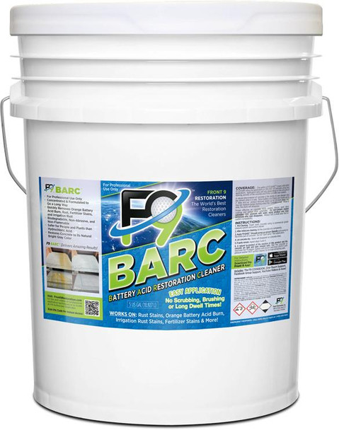 J.Racenstein Front9 Restoration Rust Remover F9 B.A.R.C. container, large white bucket with label for battery acid restoration cleaner suitable for removing rust stains and calcium deposits from batteries.