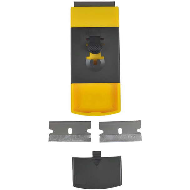 Ettore Pocket Scraper, compact handheld scraping tool with yellow and black plastic body and two replacement blades for efficient surface scraping.