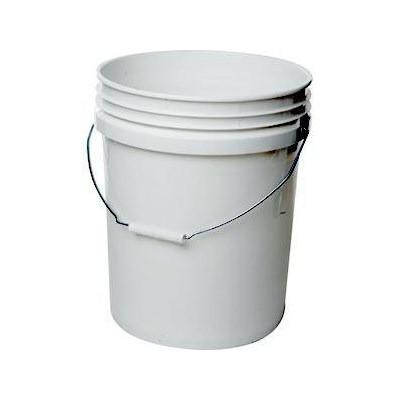 ProTool Bucket HD White 5Gal, a large white plastic utility bucket with a metal handle for construction, cleaning, and industrial use.